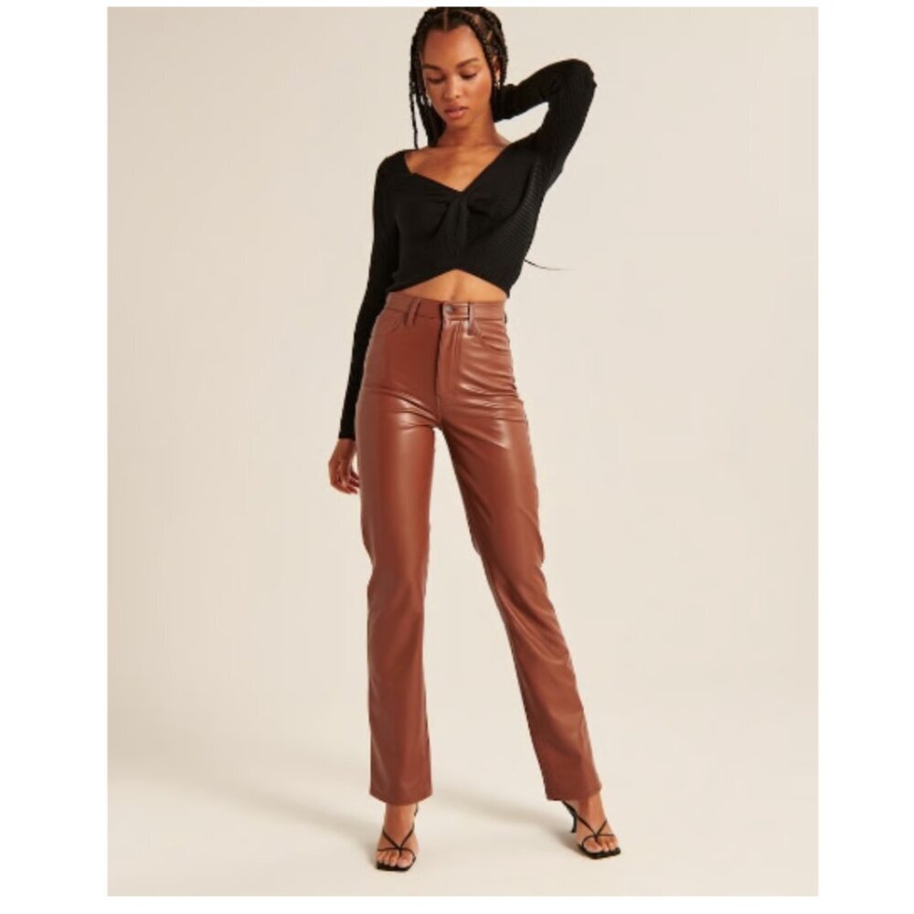 Abercrombie & Fitch The 90s Straight Ultra High Rise Faux Leather Pants Brown 14 - Picture 2 of 15
